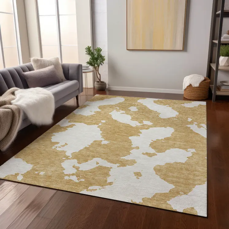 3' X 5' Gold And Ivory Abstract Washable Indoor Outdoor Area Rug