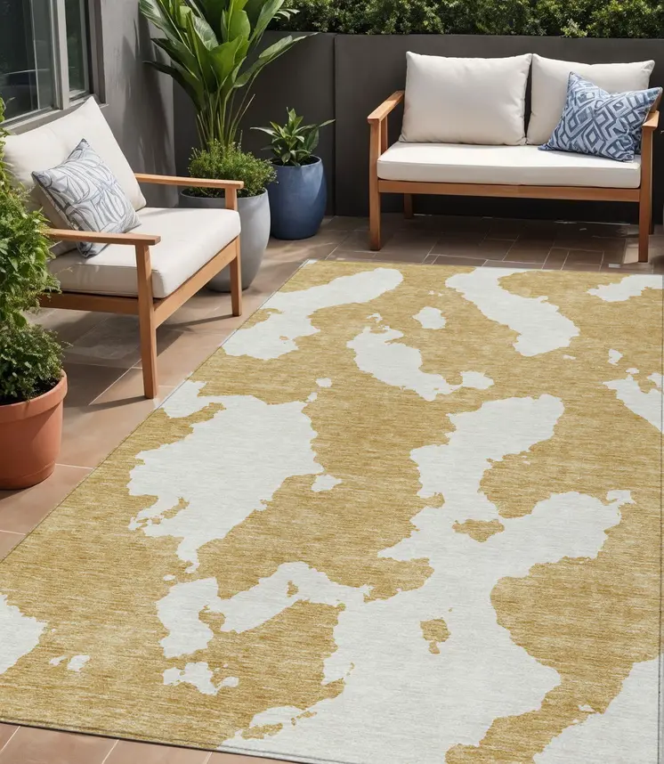 5' X 8' Gold And Ivory Abstract Washable Indoor Outdoor Area Rug