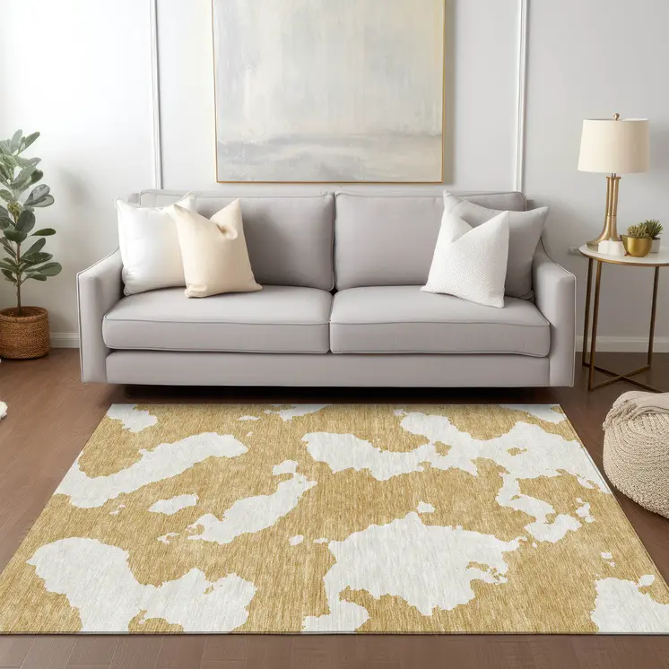 5' X 8' Gold And Ivory Abstract Washable Indoor Outdoor Area Rug
