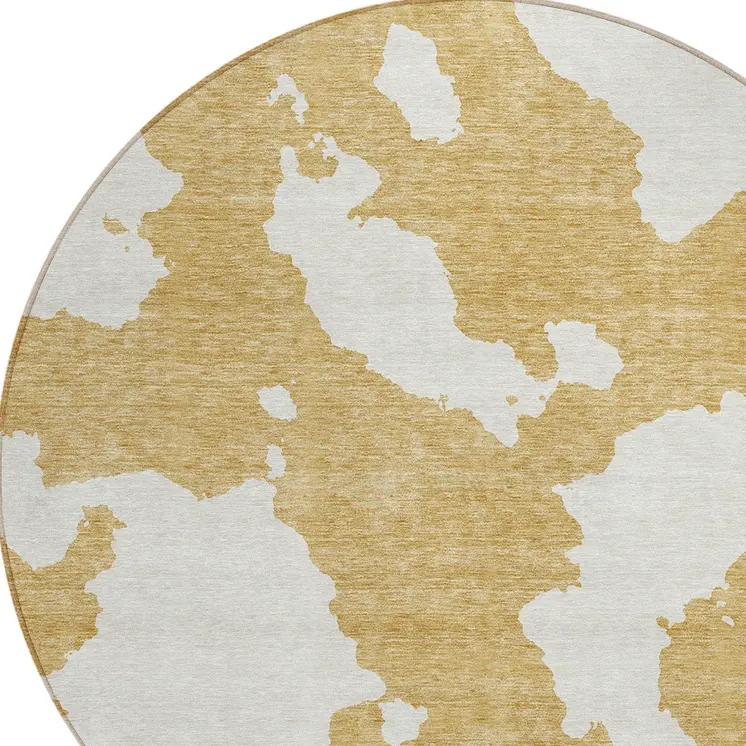 8' Gold And Ivory Round Abstract Washable Indoor Outdoor Area Rug