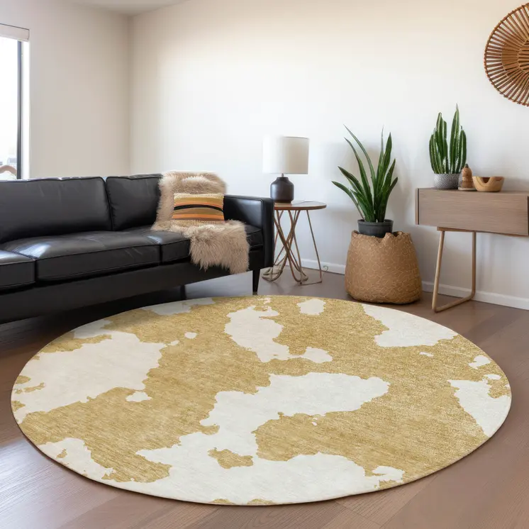 8' Gold And Ivory Round Abstract Washable Indoor Outdoor Area Rug