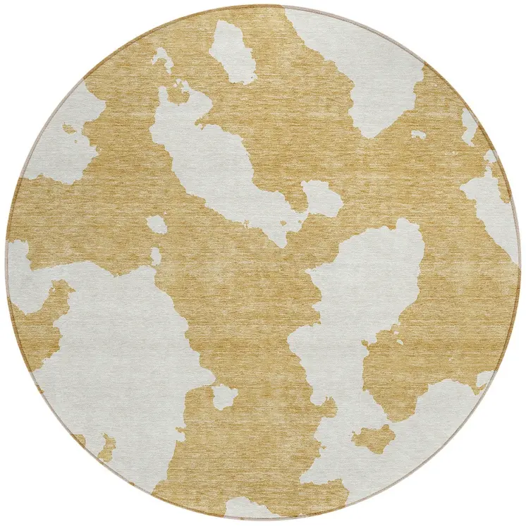 8' Gold And Ivory Round Abstract Washable Indoor Outdoor Area Rug