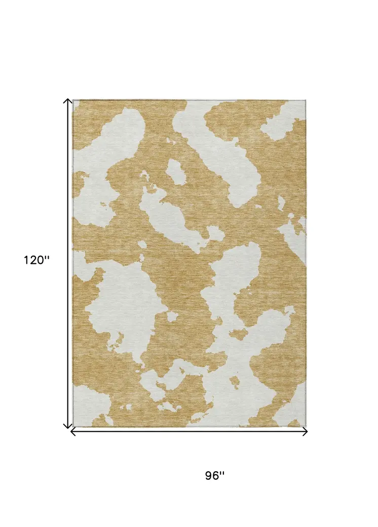 8' X 10' Gold And Ivory Abstract Washable Indoor Outdoor Area Rug