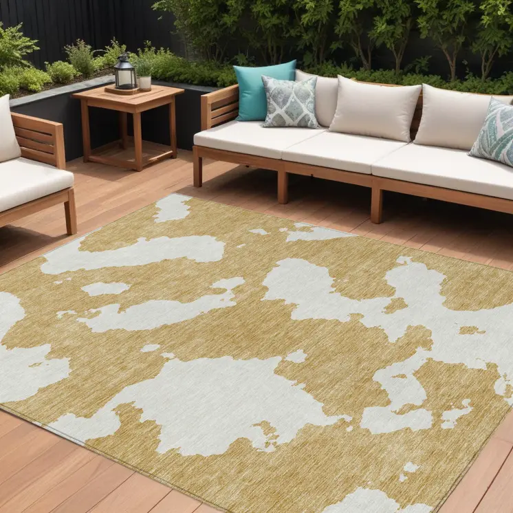 8' X 10' Gold And Ivory Abstract Washable Indoor Outdoor Area Rug