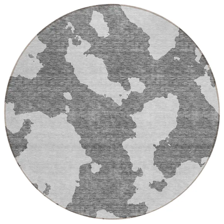 8' Gray And Ivory Round Abstract Washable Indoor Outdoor Area Rug