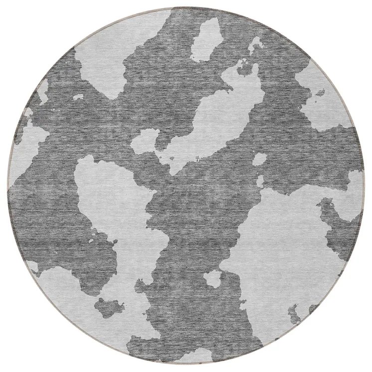 8' Gray And Ivory Round Abstract Washable Indoor Outdoor Area Rug