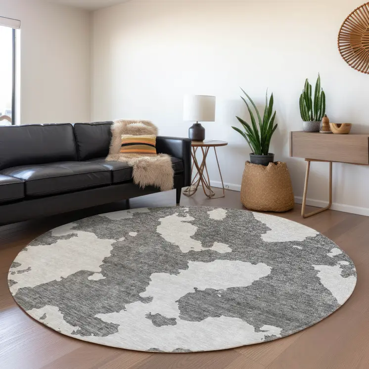 8' Gray And Ivory Round Abstract Washable Indoor Outdoor Area Rug
