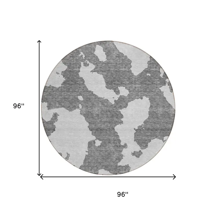 8' Gray And Ivory Round Abstract Washable Indoor Outdoor Area Rug