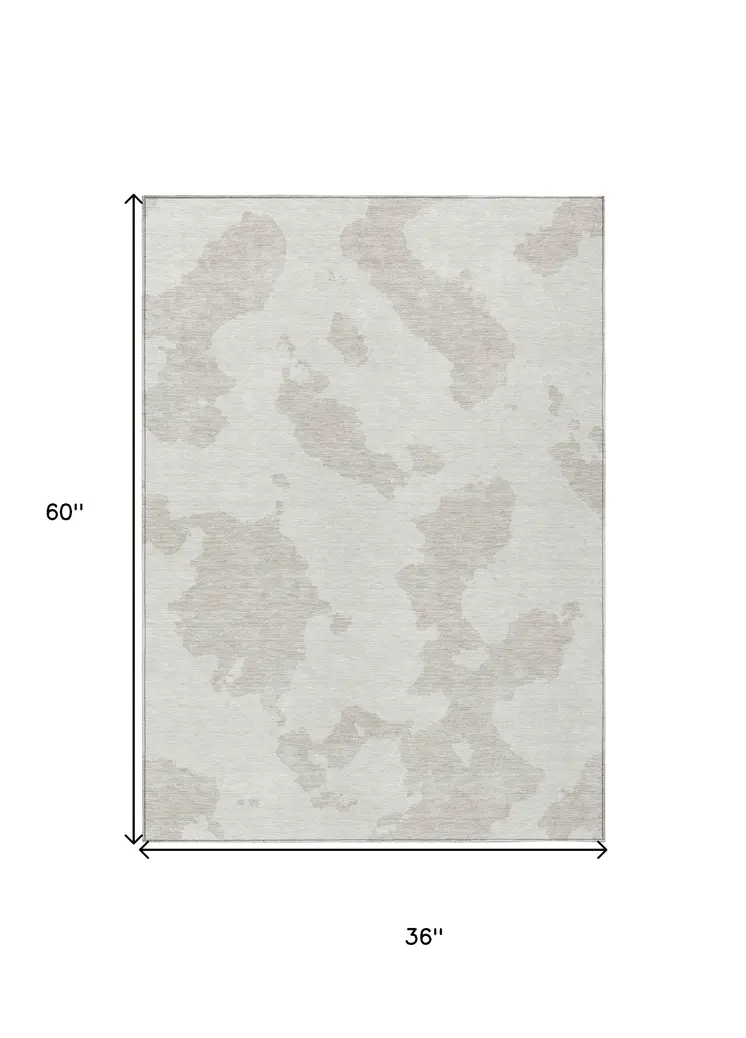 3' X 5' Ivory And Beige Abstract Washable Indoor Outdoor Area Rug