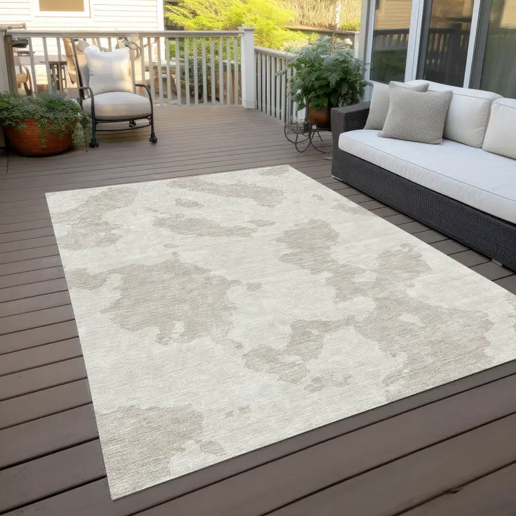3' X 5' Ivory And Beige Abstract Washable Indoor Outdoor Area Rug