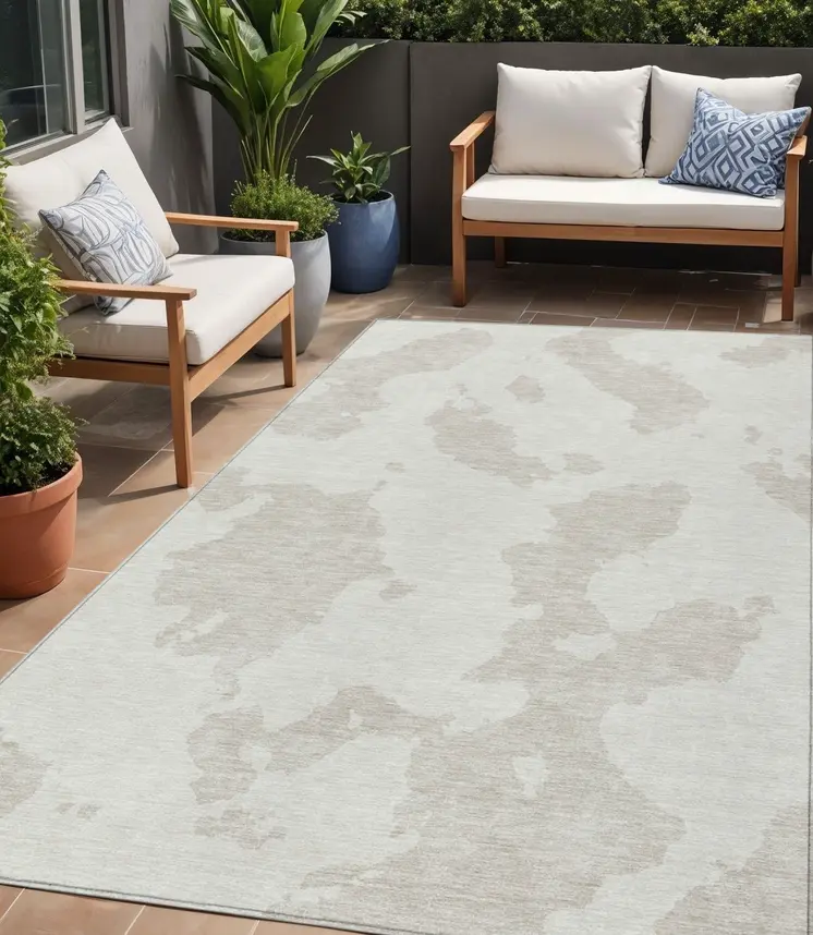 5' X 8' Ivory And Beige Abstract Washable Indoor Outdoor Area Rug