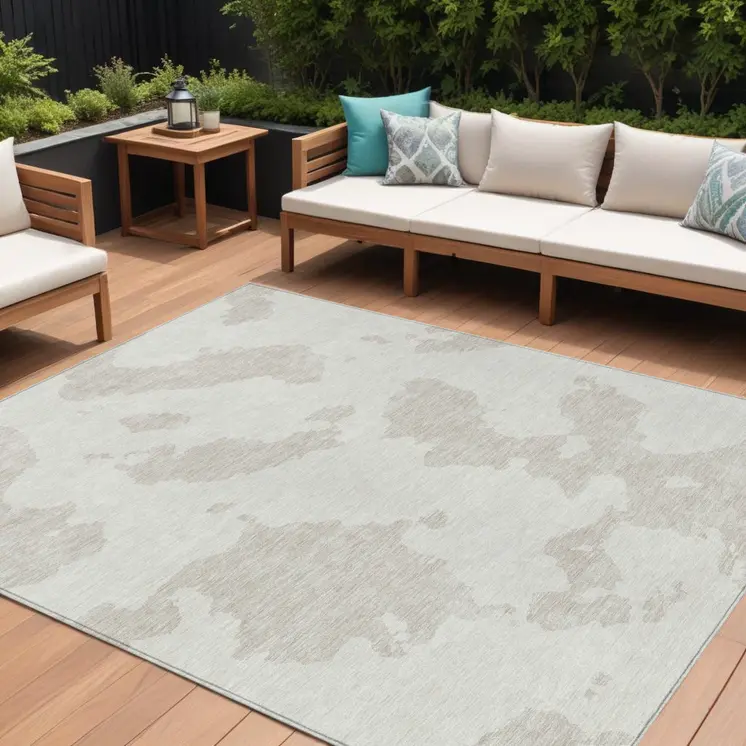 9' X 12' Ivory And Beige Abstract Washable Indoor Outdoor Area Rug