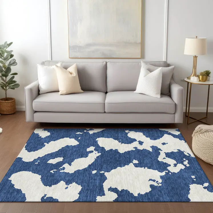 5' X 8' Navy Blue And Ivory Abstract Washable Indoor Outdoor Area Rug