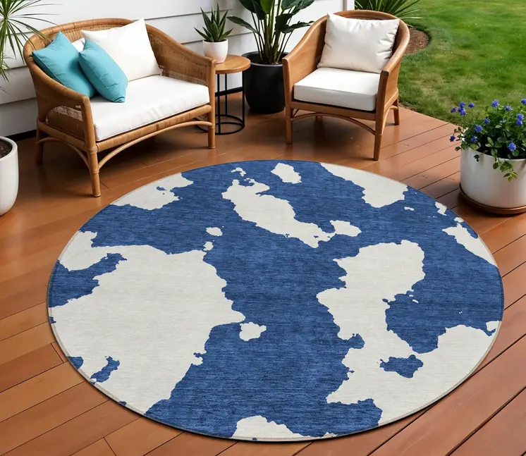 8' Navy Blue And Ivory Round Abstract Washable Indoor Outdoor Area Rug
