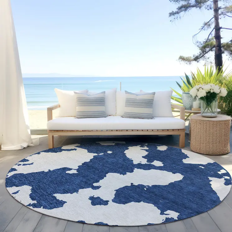 8' Navy Blue And Ivory Round Abstract Washable Indoor Outdoor Area Rug