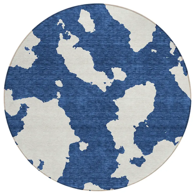 8' Navy Blue And Ivory Round Abstract Washable Indoor Outdoor Area Rug