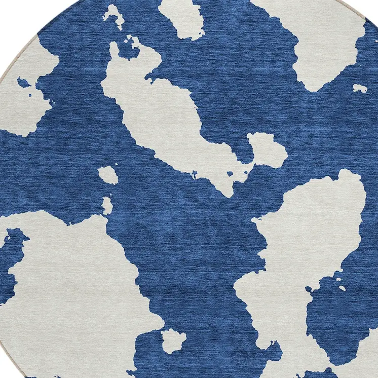 8' Navy Blue And Ivory Round Abstract Washable Indoor Outdoor Area Rug
