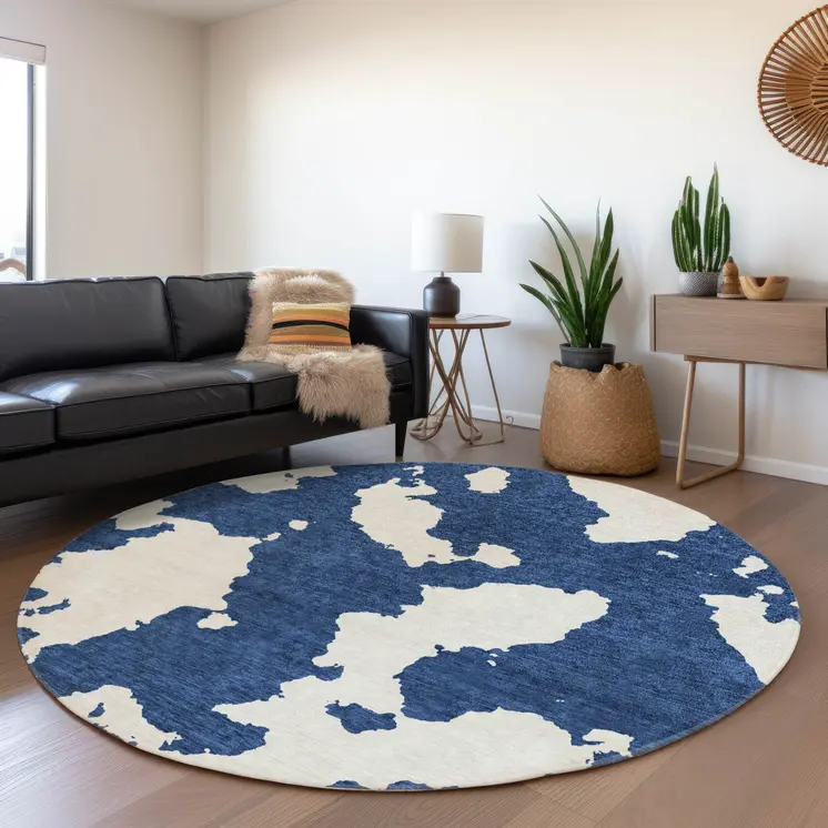 8' Navy Blue And Ivory Round Abstract Washable Indoor Outdoor Area Rug