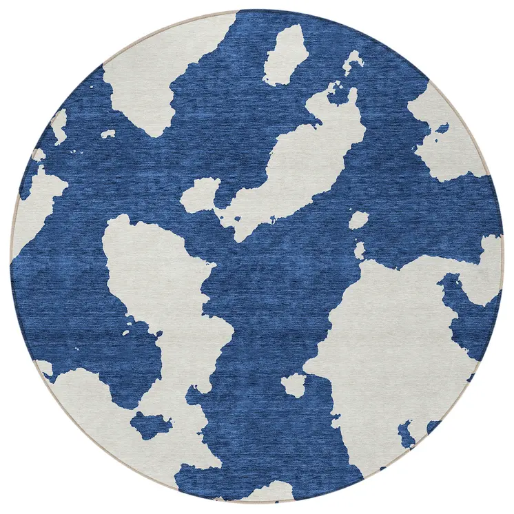 8' Navy Blue And Ivory Round Abstract Washable Indoor Outdoor Area Rug