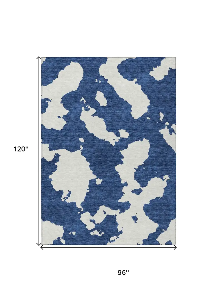 8' X 10' Navy Blue And Ivory Abstract Washable Indoor Outdoor Area Rug