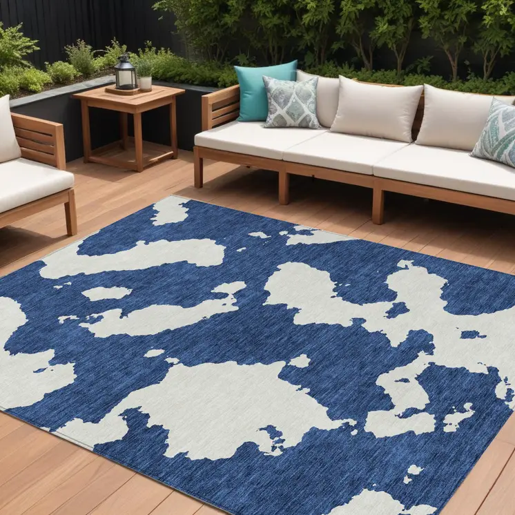 8' X 10' Navy Blue And Ivory Abstract Washable Indoor Outdoor Area Rug
