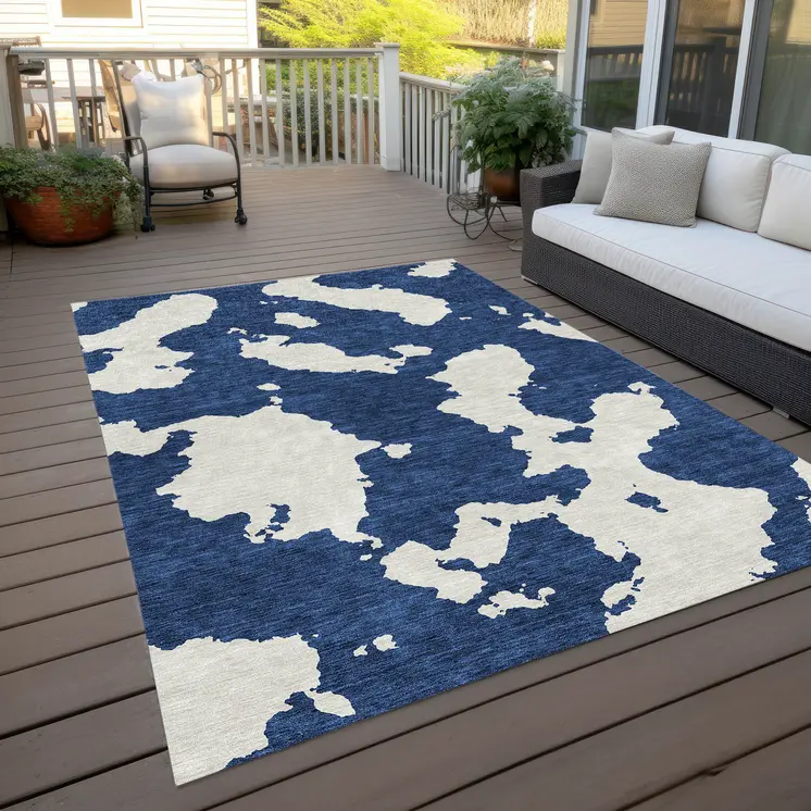 8' X 10' Navy Blue And Ivory Abstract Washable Indoor Outdoor Area Rug