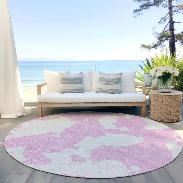 8' Pink And Ivory Round Abstract Washable Indoor Outdoor Area Rug