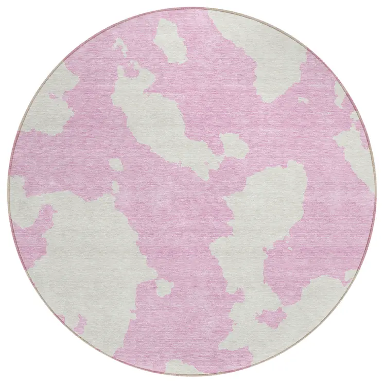 8' Pink And Ivory Round Abstract Washable Indoor Outdoor Area Rug