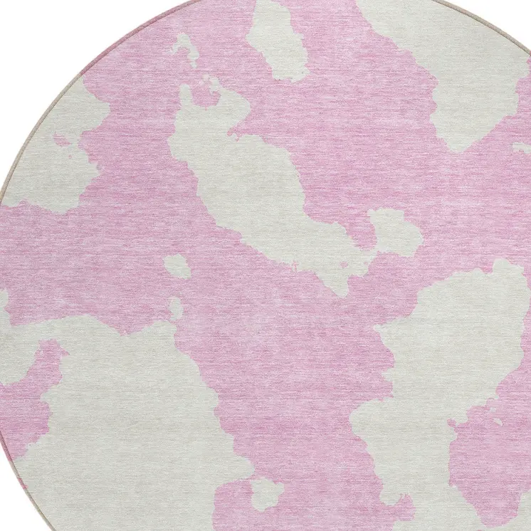 8' Pink And Ivory Round Abstract Washable Indoor Outdoor Area Rug