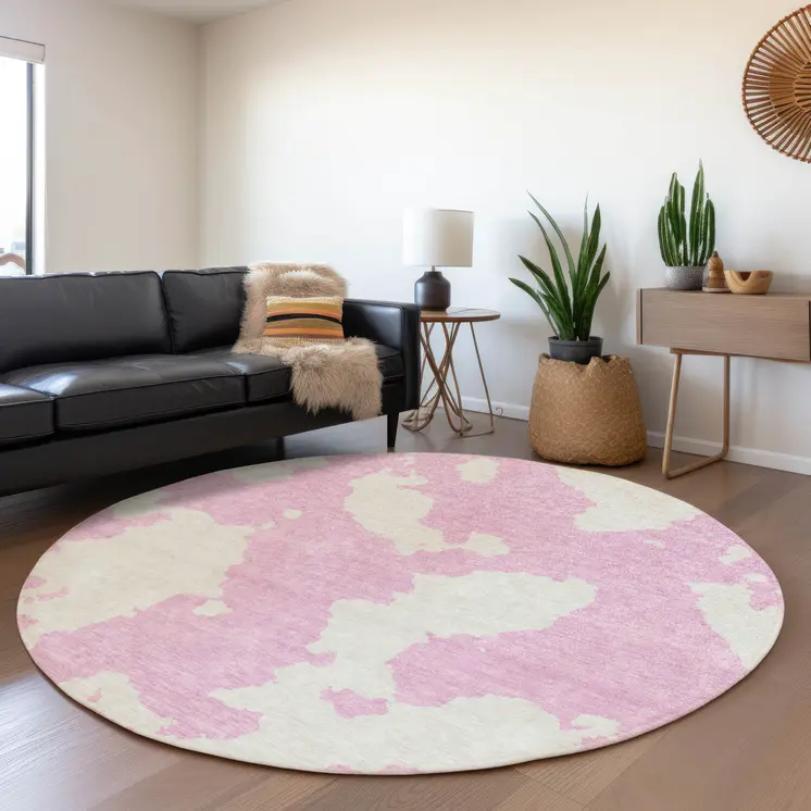 8' Pink And Ivory Round Abstract Washable Indoor Outdoor Area Rug
