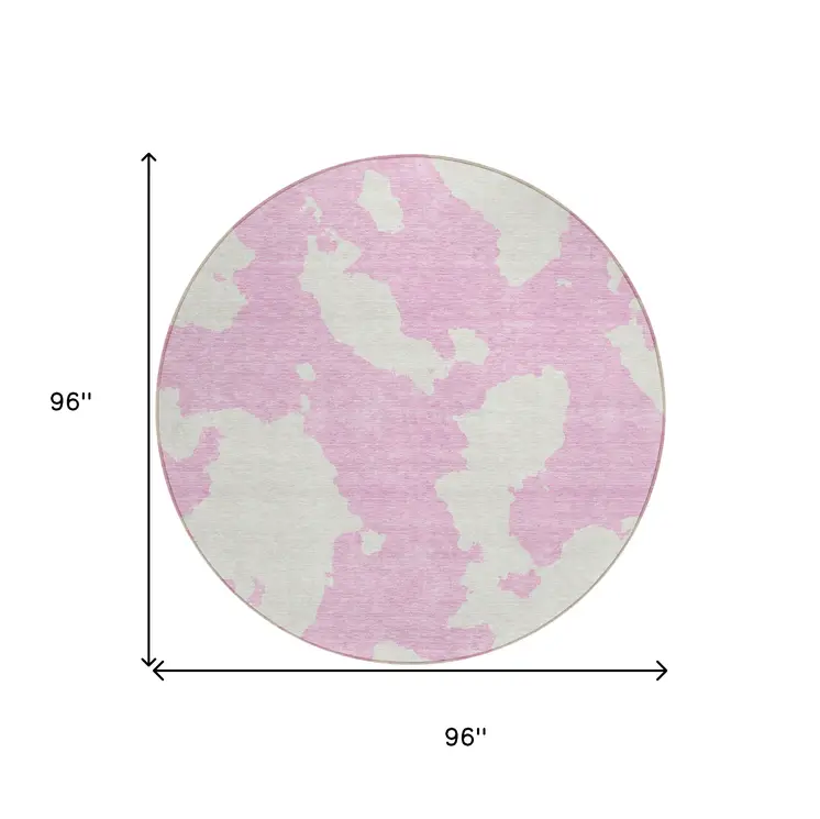 8' Pink And Ivory Round Abstract Washable Indoor Outdoor Area Rug