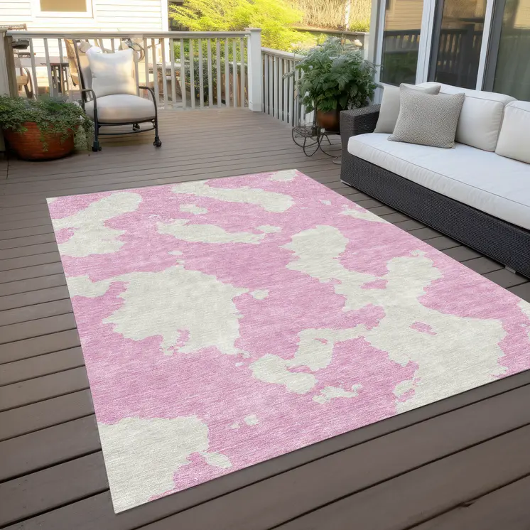 8' X 10' Pink And Ivory Abstract Washable Indoor Outdoor Area Rug
