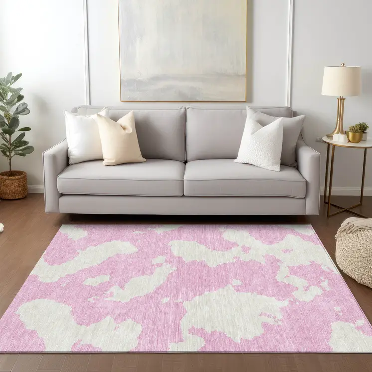 8' X 10' Pink And Ivory Abstract Washable Indoor Outdoor Area Rug