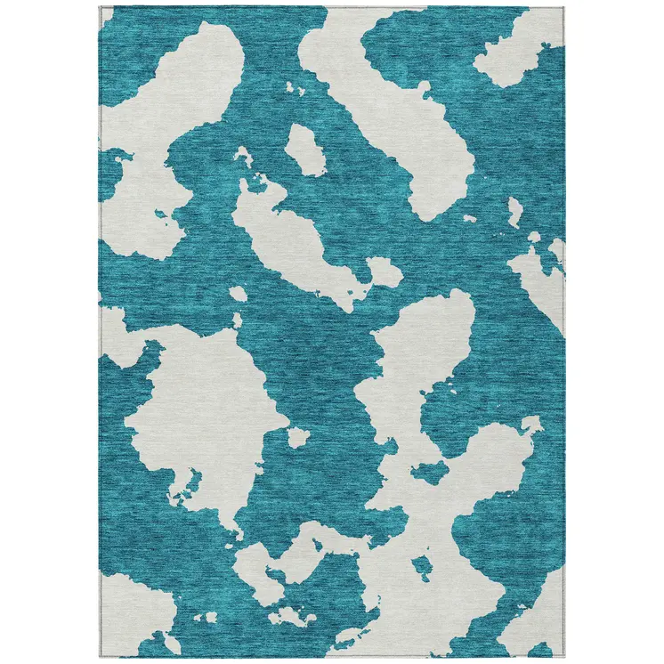5' X 8' Teal Blue And Ivory Abstract Washable Indoor Outdoor Area Rug