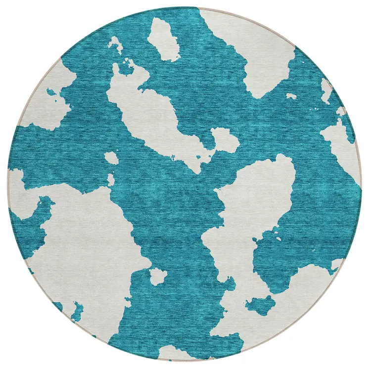 8' Teal Blue And Ivory Round Abstract Washable Indoor Outdoor Area Rug