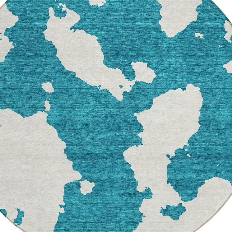 8' Teal Blue And Ivory Round Abstract Washable Indoor Outdoor Area Rug