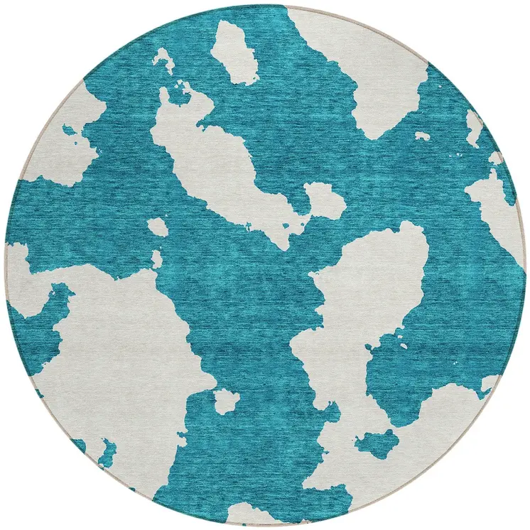 8' Teal Blue And Ivory Round Abstract Washable Indoor Outdoor Area Rug