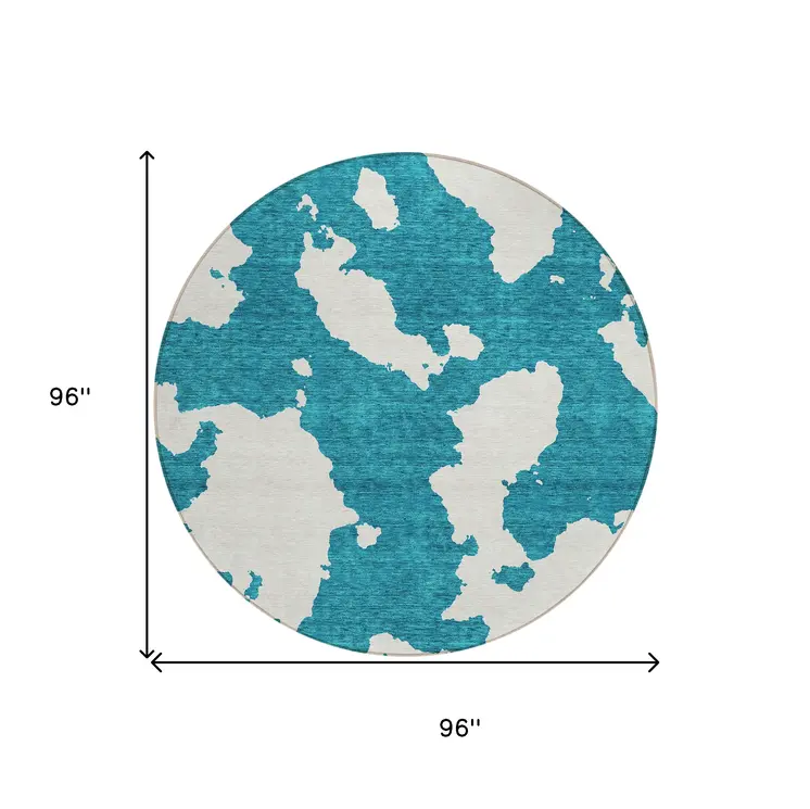 8' Teal Blue And Ivory Round Abstract Washable Indoor Outdoor Area Rug