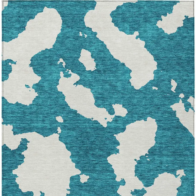 8' X 10' Teal Blue And Ivory Abstract Washable Indoor Outdoor Area Rug