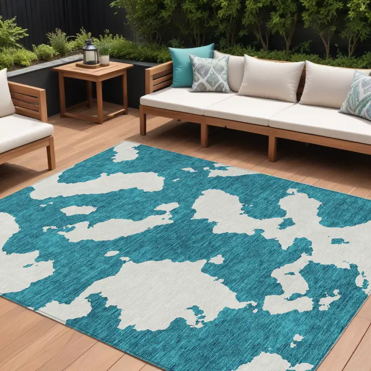8' X 10' Teal Blue And Ivory Abstract Washable Indoor Outdoor Area Rug
