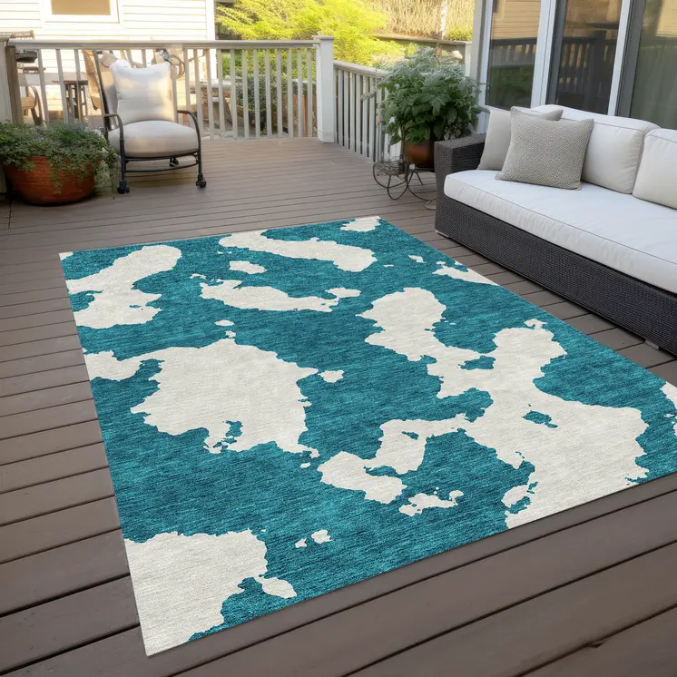 8' X 10' Teal Blue And Ivory Abstract Washable Indoor Outdoor Area Rug