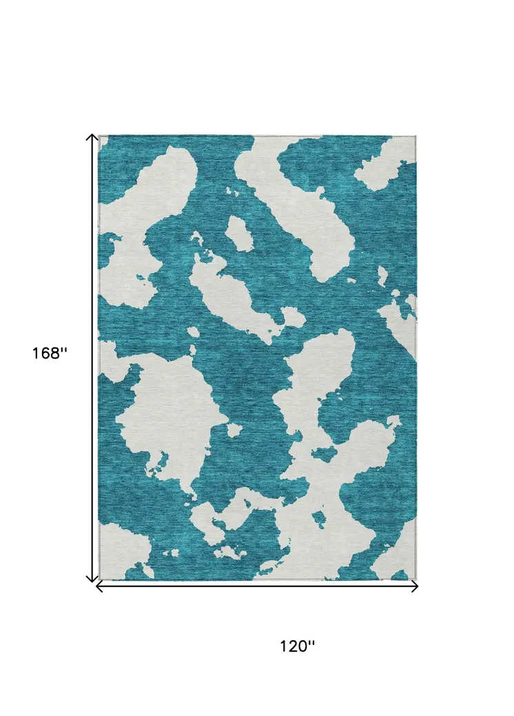 10' X 14' Teal Blue And Ivory Abstract Washable Indoor Outdoor Area Rug