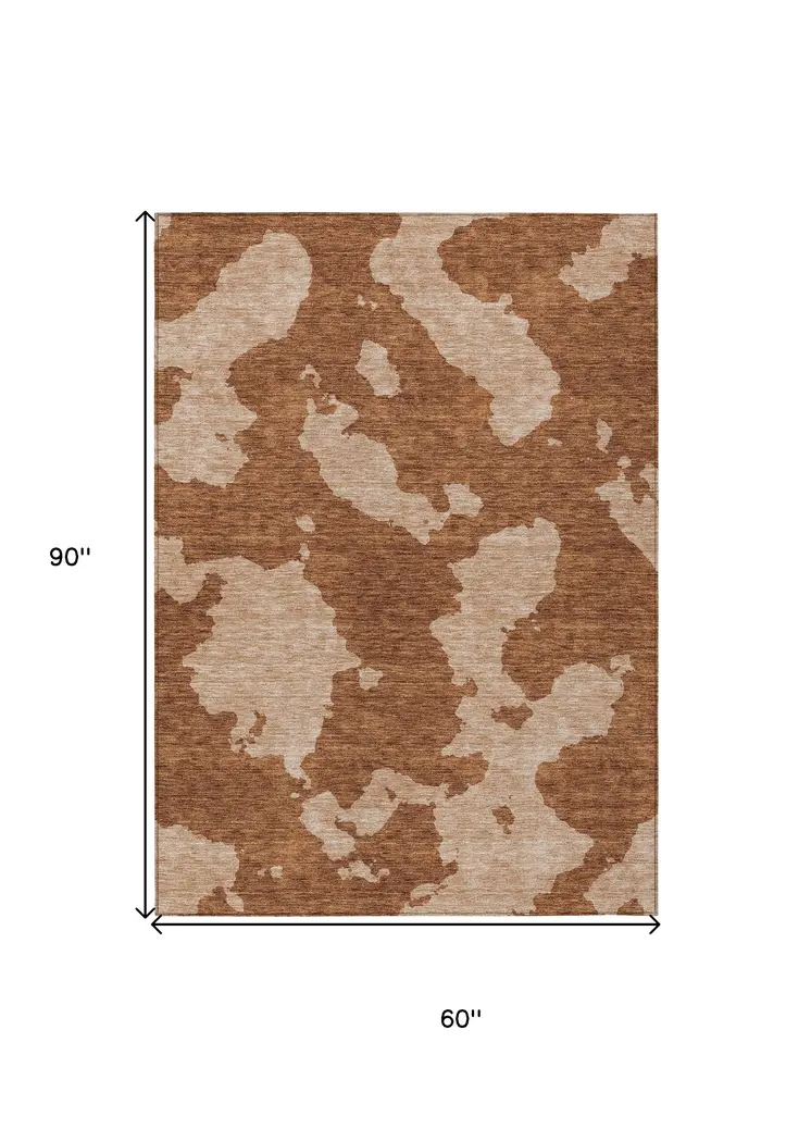 5' X 8' Terra Cotta And Rust Abstract Washable Indoor Outdoor Area Rug