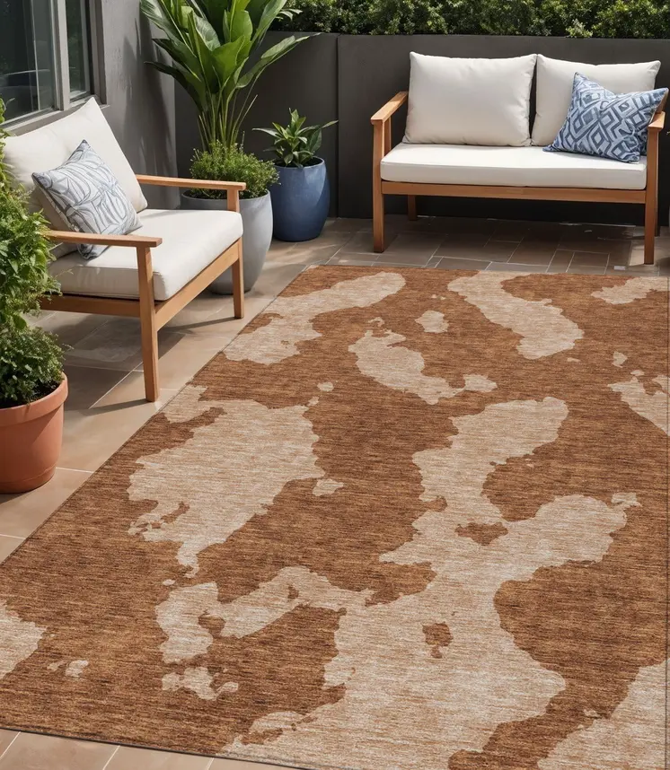 5' X 8' Terra Cotta And Rust Abstract Washable Indoor Outdoor Area Rug