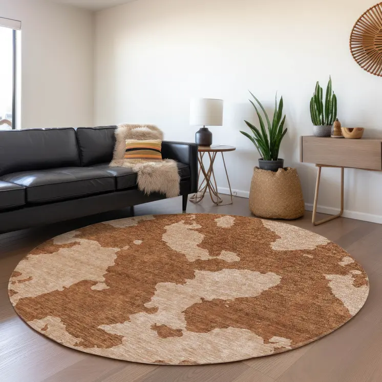 8' Terra Cotta And Rust Round Abstract Washable Indoor Outdoor Area Rug
