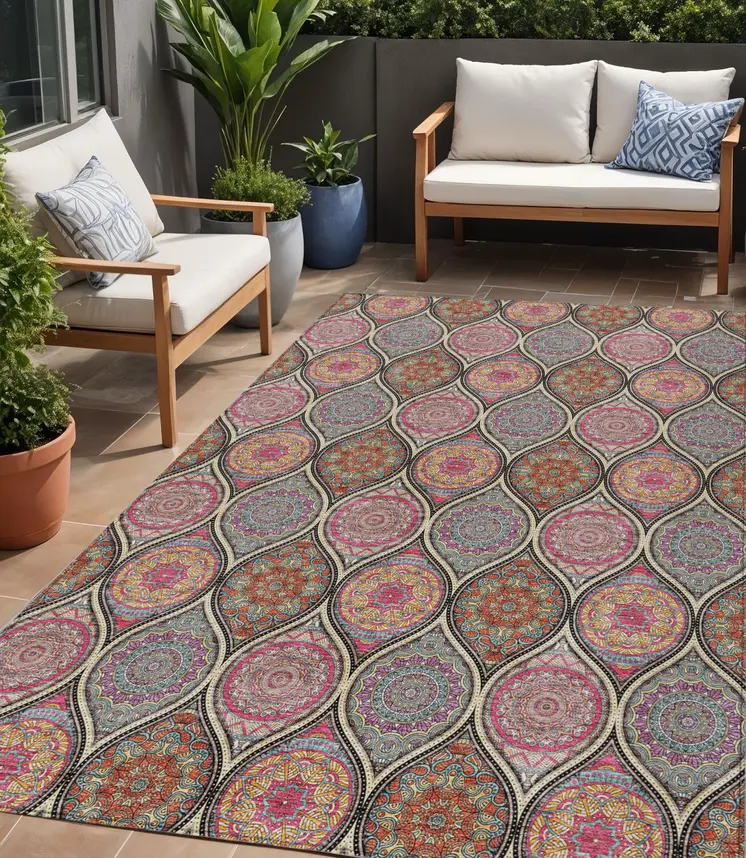 5' X 8' Black Pink And Orange Floral Medallion Washable Indoor Outdoor Area Rug