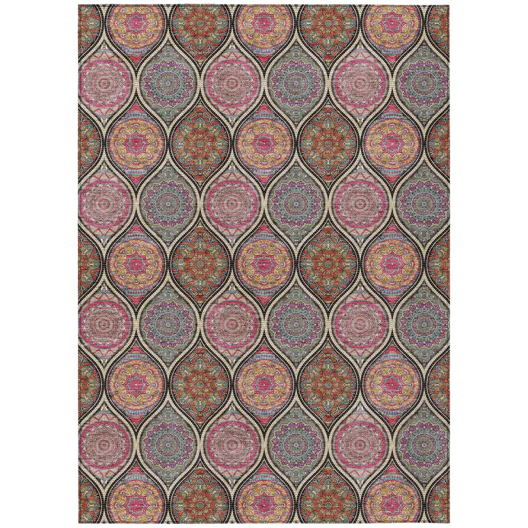 5' X 8' Black Pink And Orange Floral Medallion Washable Indoor Outdoor Area Rug