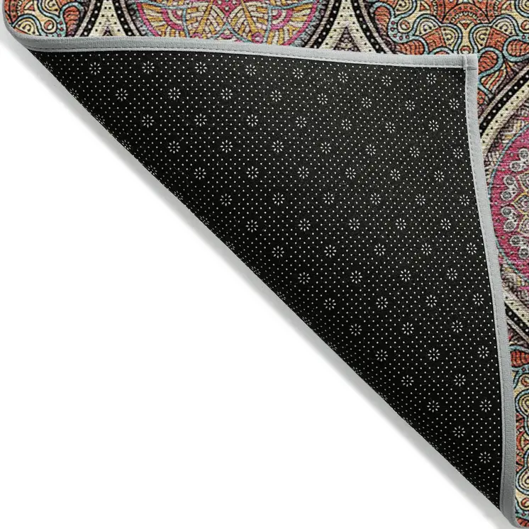 5' X 8' Black Pink And Orange Floral Medallion Washable Indoor Outdoor Area Rug