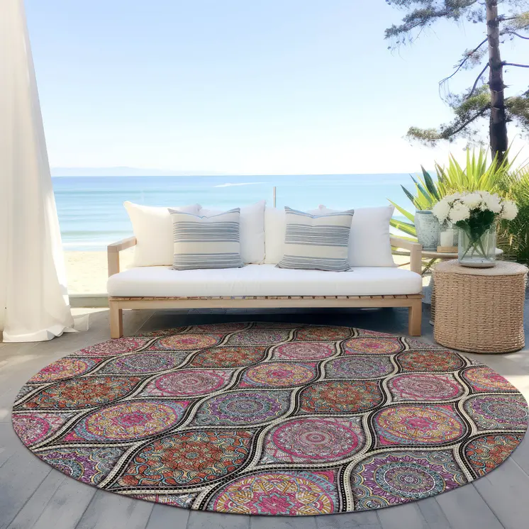 8' Black Pink And Orange Round Floral Medallion Washable Indoor Outdoor Area Rug