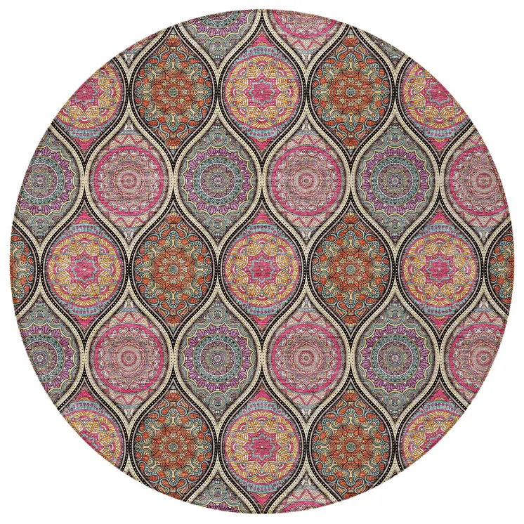 8' Black Pink And Orange Round Floral Medallion Washable Indoor Outdoor Area Rug